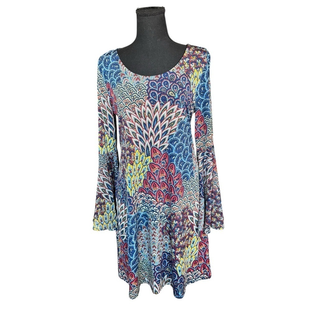 MSK Boho Patchwork Paisley Bell Sleeve Tunic Dress M Festival Hippie J23